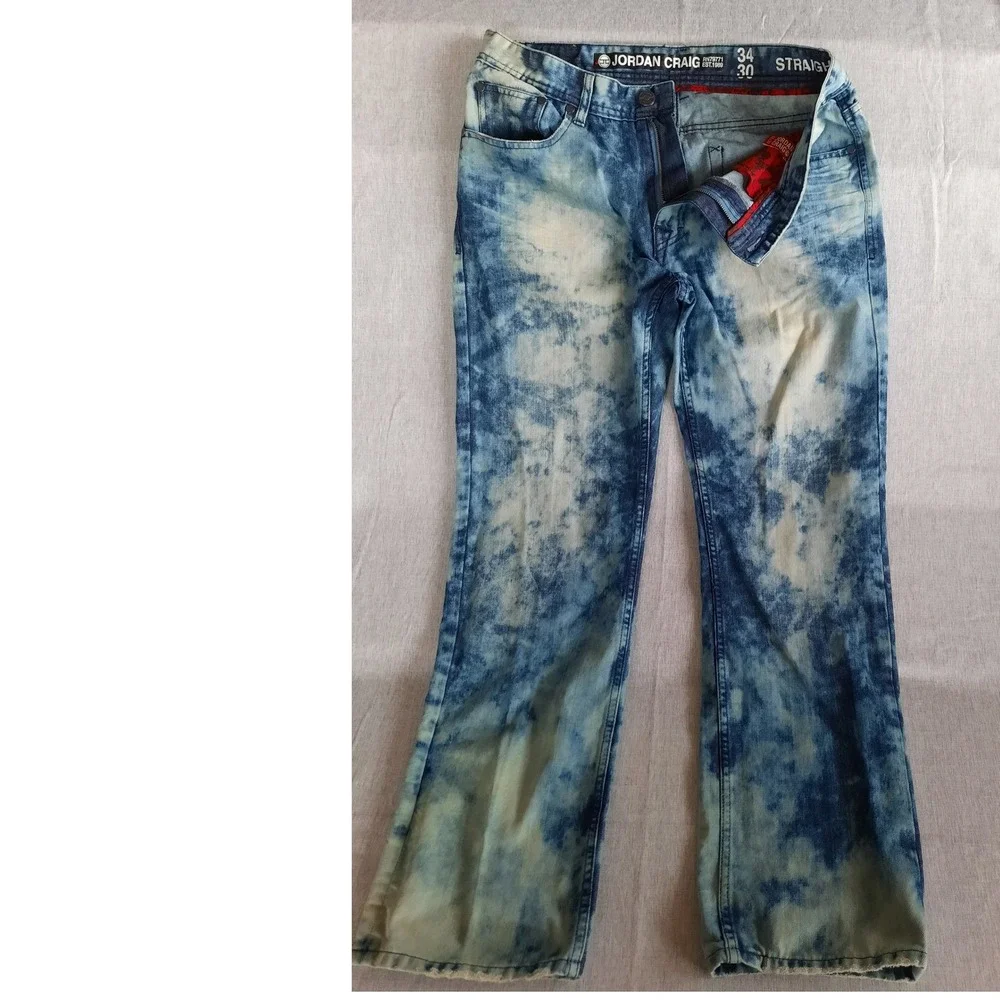 Jordan Craig Men 34X30 Straight Fit Acid Washed Tie Dye 5 Pocket Navy Blue Jeans